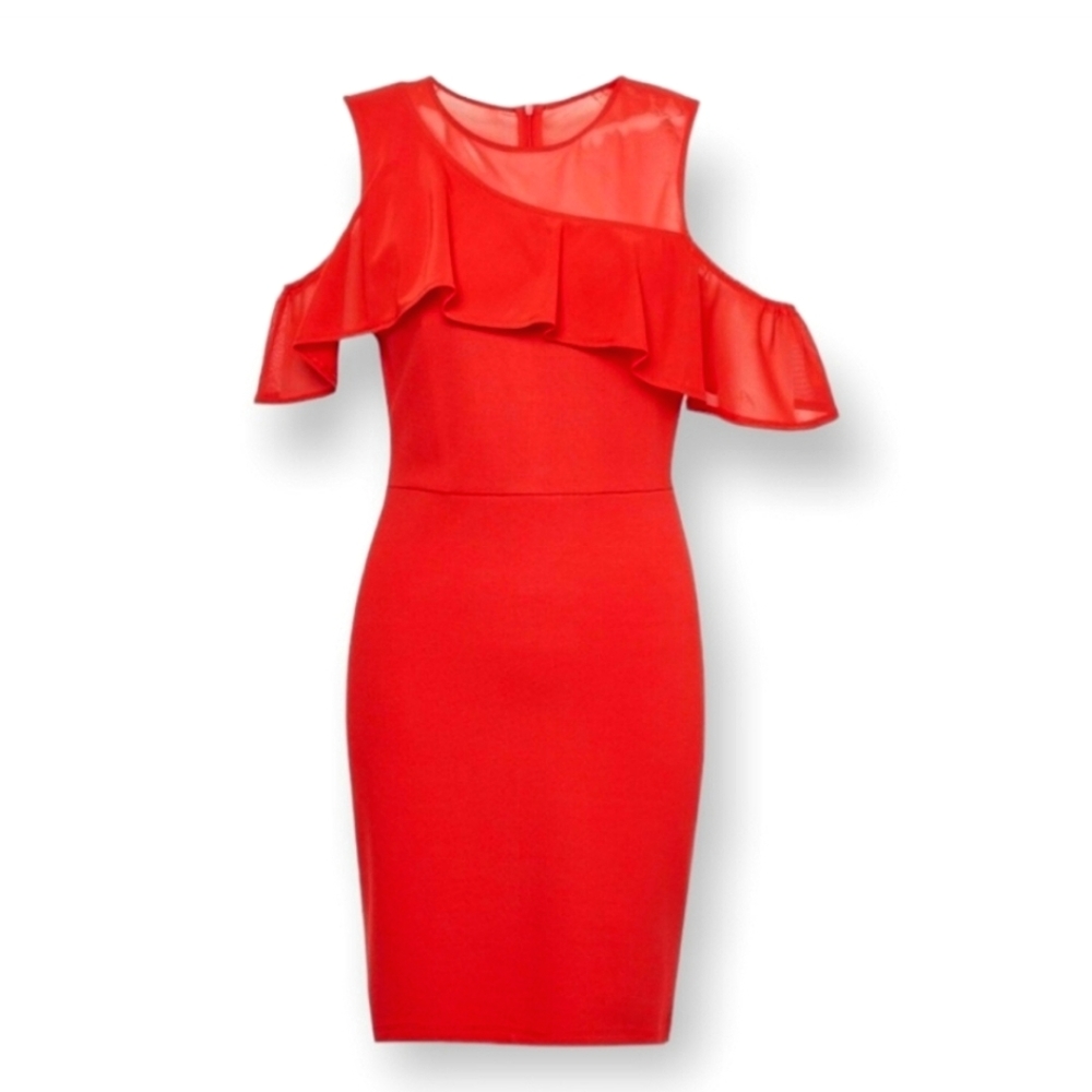 FRENCH CONNECTION Asymmetric Exposed Shoulder Dress Ruffle Mini Red XS 2 - Picture 2 of 9